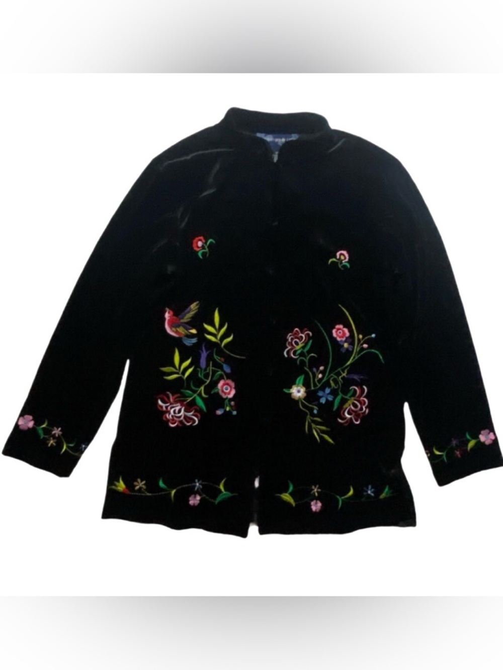 Susan Graver velvet embroidered art to wear mandarin collar black jacket L